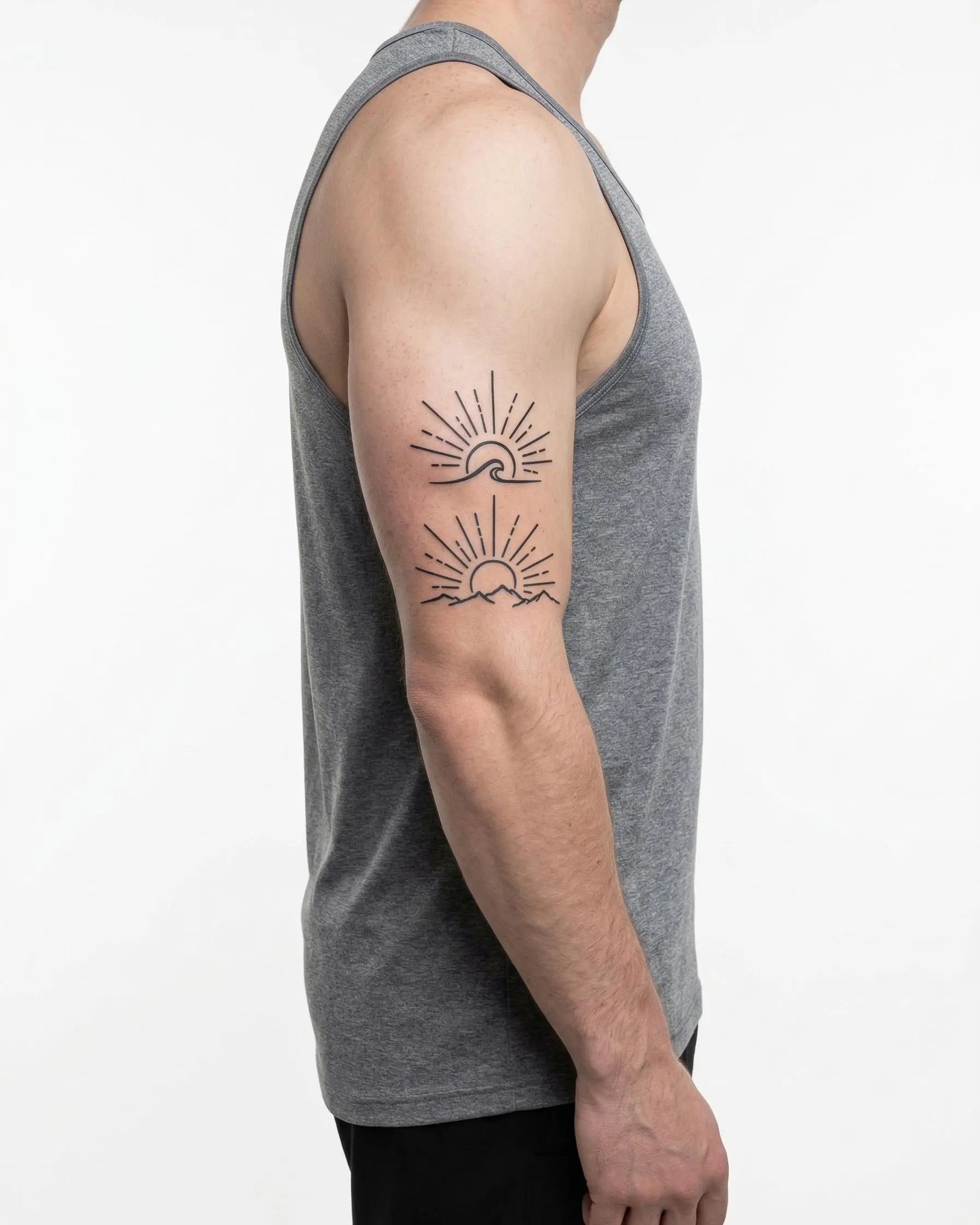 Tatuaggio semi-permanente INKON Onda all'Alba e Montagne applicato su un uomo – design 4 x 7 in (10x17cm), aspetto realistico dell'inchiostro, dura 10 giorni