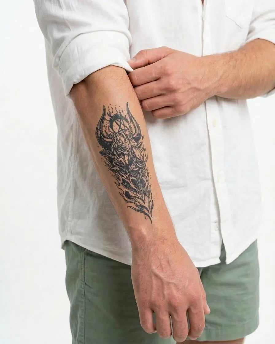 Tatuaggio semi-permanente INKON Teschio Demoniaco applicato su un uomo – design 4 x 7 in (10x17cm), aspetto realistico dell'inchiostro, dura 10 giorni