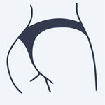 Design del tatuaggio semi-permanente Bikini Line di INKON – illustrazione di silhouette femminile minimalista con contorno di bikini, 2 x 2 in (5x5cm), disponibile su inkon.co