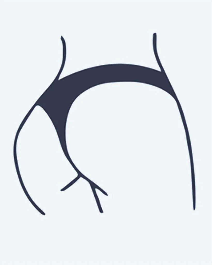 Design del tatuaggio semi-permanente Bikini Line di INKON – illustrazione di silhouette femminile minimalista con contorno di bikini, 2 x 2 in (5x5cm), disponibile su inkon.co