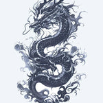 Design del tatuaggio semi-permanente Drago Asiatico di INKON – illustrazione maestoso, attorcigliato, asiatico, drago, fluente, 4 x 7 in (10x17cm), disponibile su inkon.co