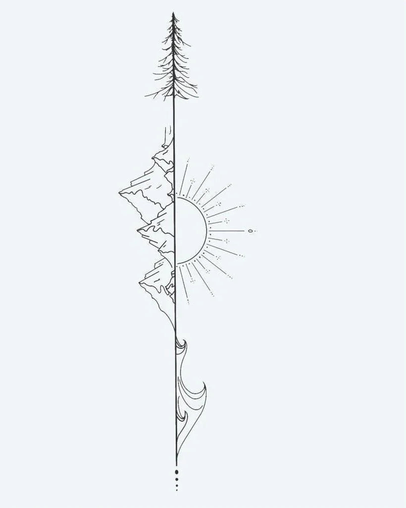 Design del tatuaggio semi-permanente Freccia della Natura di INKON – illustrazione verticale, linea, combina, pino, albero, 4 x 7 in (10x17cm), disponibile su inkon.co