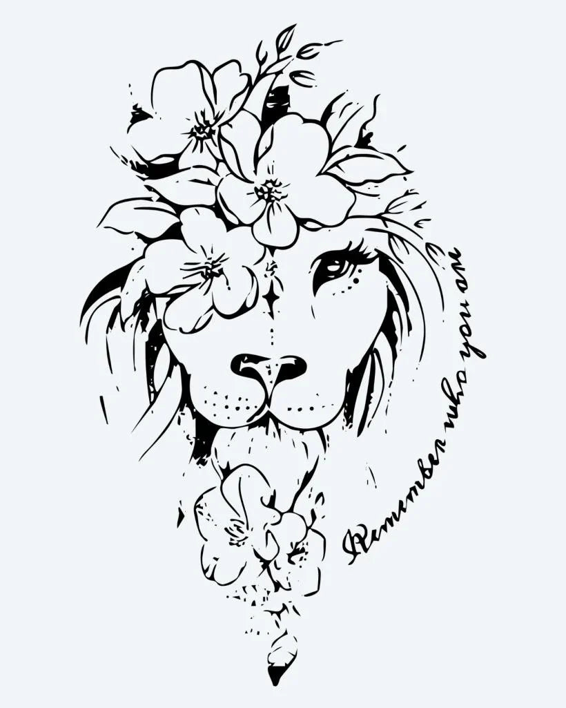 Design del tatuaggio semi-permanente Leone Floreale di INKON – illustrazione dolce, leone, volto, adornato, corona, 4 x 7 in (10x17cm), disponibile su inkon.co