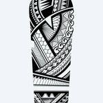 Design del tatuaggio semi-permanente Samoan Geometric Sleeve di INKON – illustrazione samoana con bande geometriche stratificate, 8 x 20 in (20x50cm), disponibile su inkon.co