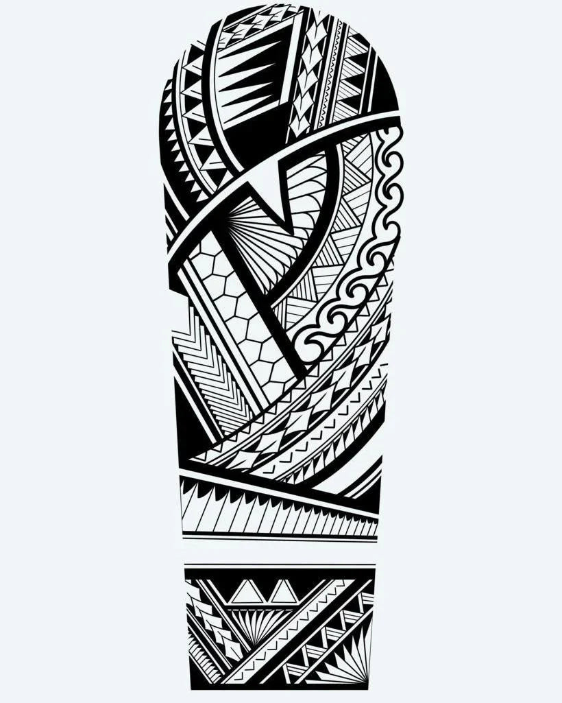 Design del tatuaggio semi-permanente Samoan Geometric Sleeve di INKON – illustrazione samoana con bande geometriche stratificate, 8 x 20 in (20x50cm), disponibile su inkon.co