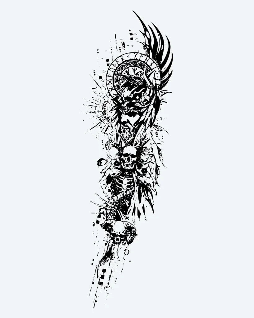 Design del tatuaggio semi-permanente Dark Angel & Skull Totem di INKON – illustrazione intenso, angelica, figura, teschi, ali, 8 x 20 in (20x50cm), disponibile su inkon.co