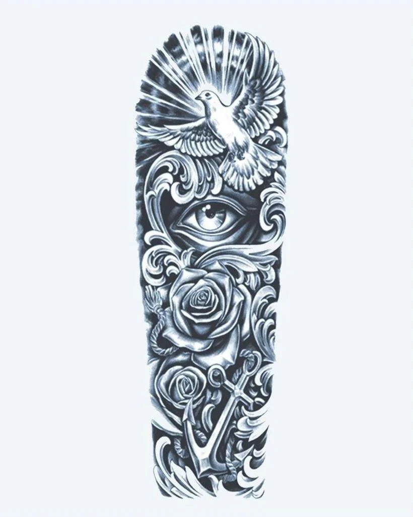 Design del tatuaggio semi-permanente Dove, Eye & Anchor di INKON – illustrazione simbolico, manica, intera, colomba, volo, 8 x 20 in (20x50cm), disponibile su inkon.co