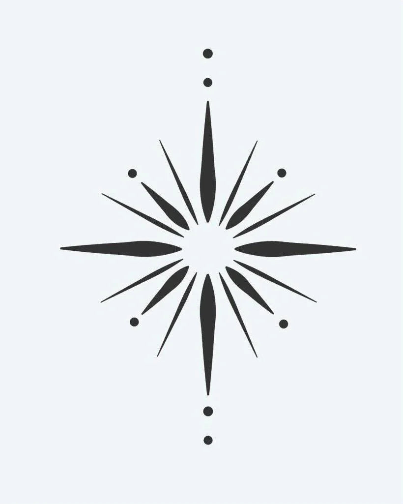 Design del tatuaggio semi-permanente Starburst di INKON – illustrazione di esplosione stellare geometrica con raggi alternati, 2 x 2 in (5x5cm), disponibile su inkon.co