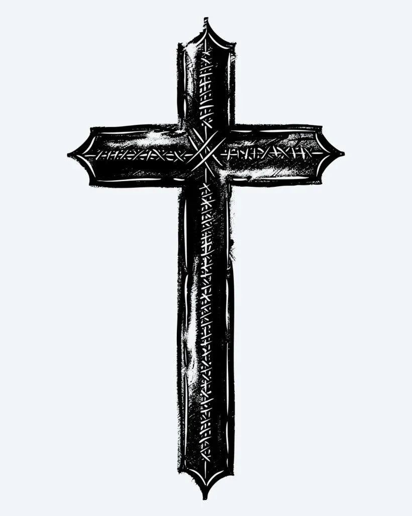 Design del tatuaggio semi-permanente Rustic Cross di INKON – illustrazione texturizzata, logorata, croce, ruvido, intagliata, 3 x 4 in (6x11cm), disponibile su inkon.co