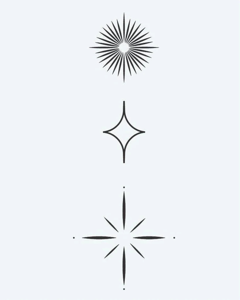 Design del tatuaggio semi-permanente Celestial Starburst Trio di INKON – illustrazione minimalisti, tre, geometriche, stelle, forme, 3 x 4 in (6x11cm), disponibile su inkon.co
