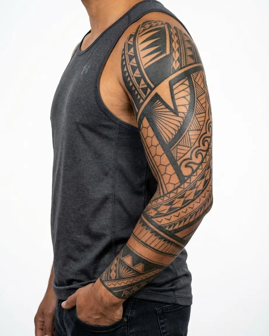 Tatuaggio semi-permanente INKON Samoan Geometric Sleeve applicato su un uomo – design 8 x 20 in (20x50cm), aspetto realistico dell'inchiostro, dura 10 giorni