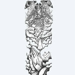 Design del tatuaggio semi-permanente Angel & Praying Hands Sleeve di INKON – illustrazione spirituale, manica, intera, custode, angelo, 8 x 20 in (20x50cm), disponibile su inkon.co
