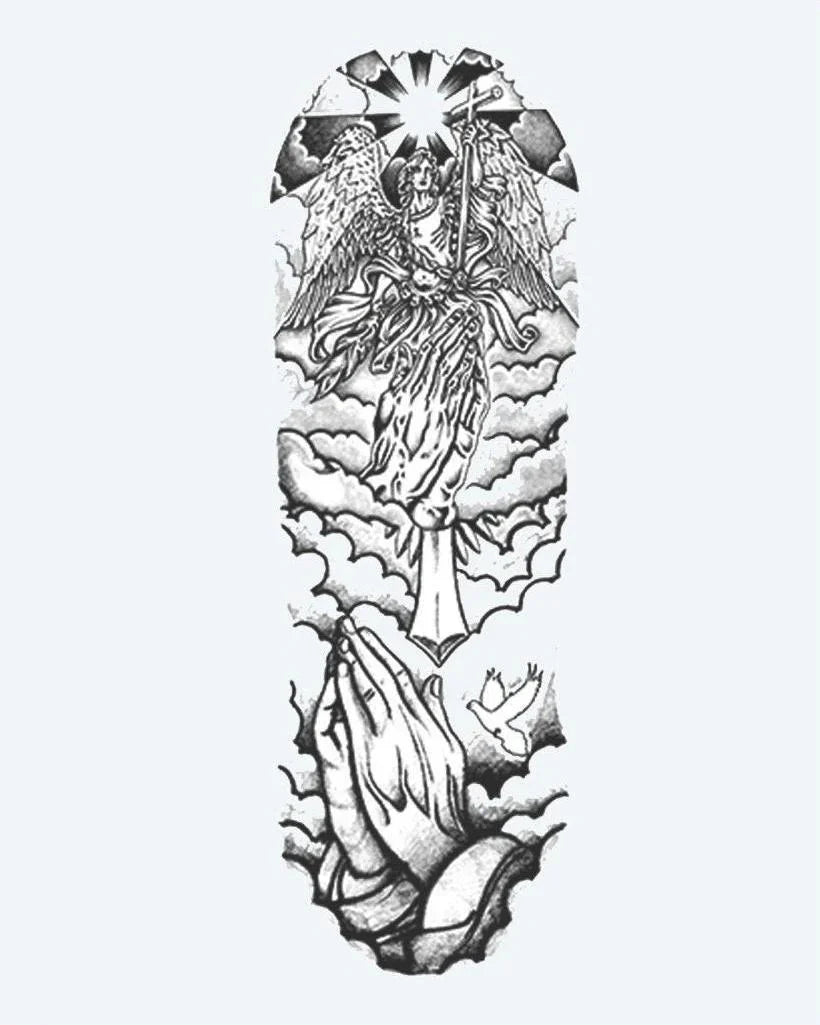 Design del tatuaggio semi-permanente Angel & Praying Hands Sleeve di INKON – illustrazione spirituale, manica, intera, custode, angelo, 8 x 20 in (20x50cm), disponibile su inkon.co