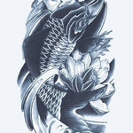 Design del tatuaggio semi-permanente Pesce Koi e Loto di INKON – illustrazione giapponese, pesce, nuota, accanto, fiore, 4 x 7 in (10x17cm), disponibile su inkon.co