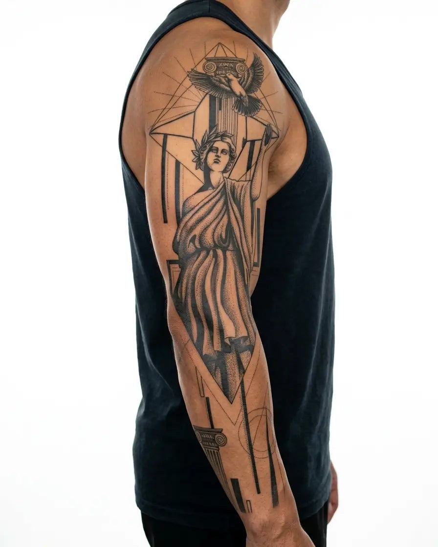 Tatuaggio semi-permanente INKON Greek Goddess & Dove applicato su un uomo – design 8 x 20 in (20x50cm), aspetto realistico dell'inchiostro, dura 10 giorni