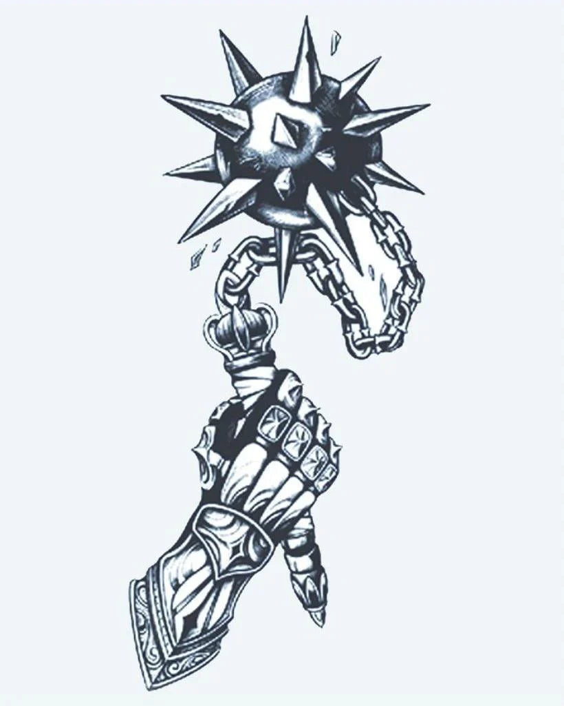 Design del tatuaggio semi-permanente Pugno Corazzato e Mazza di INKON – illustrazione medievale, guanto, impugna, chiodata, mazza, 4 x 7 in (10x17cm), disponibile su inkon.co