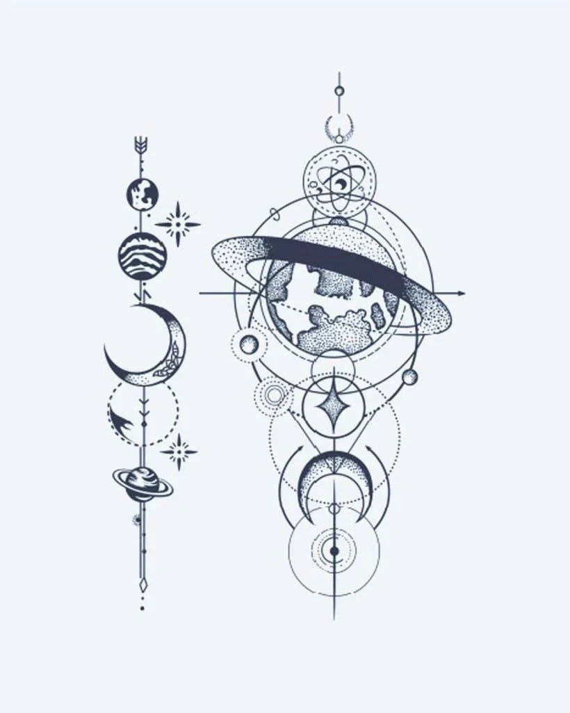 Design del tatuaggio semi-permanente Cosmic Globe & Planets di INKON – illustrazione geometrico, celeste, terrestre, globo, orbita, 3 x 4 in (6x11cm), disponibile su inkon.co