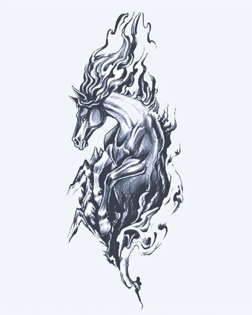 Design del tatuaggio semi-permanente Cavallo Selvaggio di INKON – illustrazione impennato, cavallo, fluente, criniera, drammatico, 4 x 7 in (10x17cm), disponibile su inkon.co