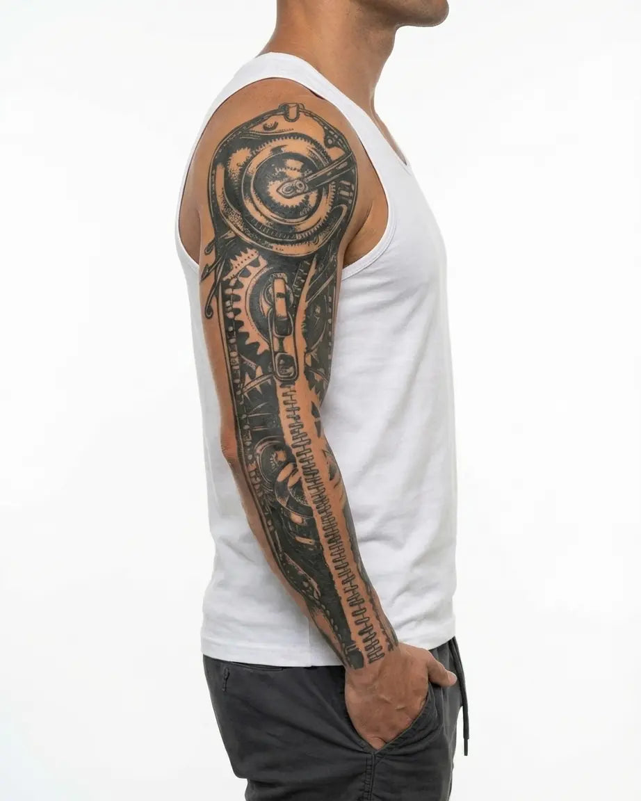 Tatuaggio semi-permanente INKON Steampunk Mechanical Gears applicato su un uomo – design 8 x 20 in (20x50cm), aspetto realistico dell'inchiostro, dura 10 giorni
