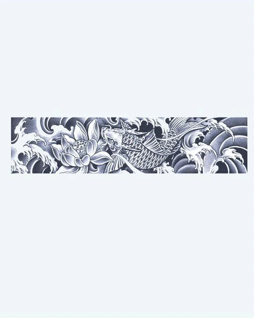 Design del tatuaggio semi-permanente Pesce Koi e Onde di Loto di INKON – illustrazione giapponese, orizzontale, fascia, pesce, nuota, 2 x 9 in (5x23cm), disponibile su inkon.co