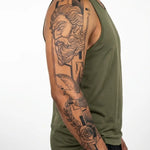 Tatuaggio semi-permanente INKON Greek God, Dove & Rose applicato su un uomo – design 8 x 20 in (20x50cm), aspetto realistico dell'inchiostro, dura 10 giorni