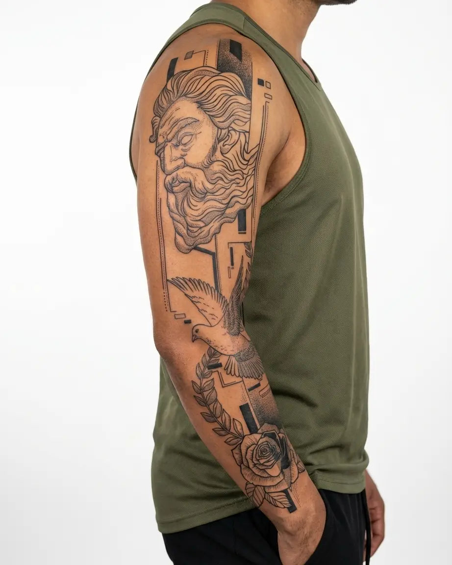 Tatuaggio semi-permanente INKON Greek God, Dove & Rose applicato su un uomo – design 8 x 20 in (20x50cm), aspetto realistico dell'inchiostro, dura 10 giorni