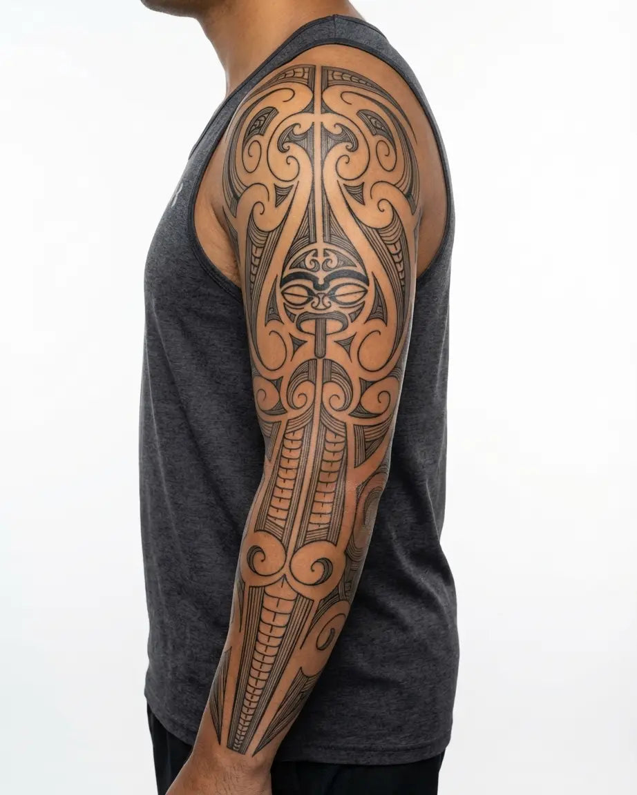 Tatuaggio semi-permanente INKON Maori Tiki Full Sleeve applicato su un uomo – design 8 x 20 in (20x50cm), aspetto realistico dell'inchiostro, dura 10 giorni