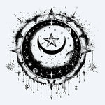 Design del tatuaggio semi-permanente Celestial Moon & Star di INKON – illustrazione splendido, celeste, falce, luna, stella, 3 x 4 in (7x10cm), disponibile su inkon.co