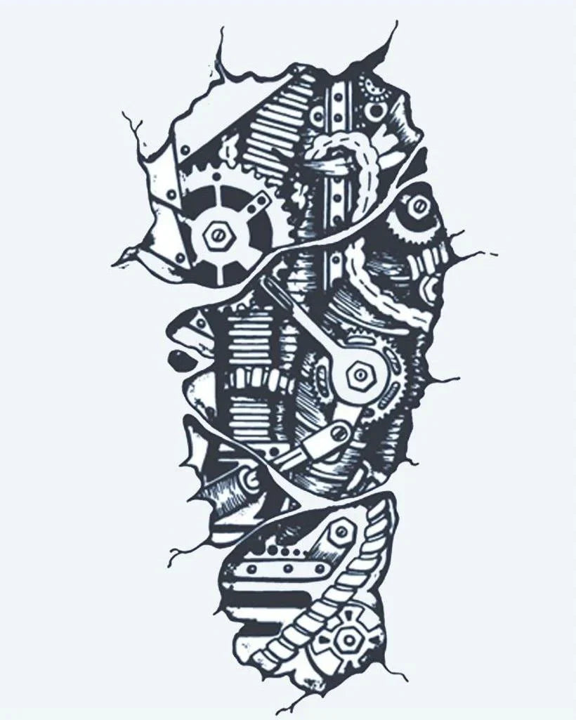 Design del tatuaggio semi-permanente Ingranaggi Biomeccanici di INKON – illustrazione strappata, pelle, biomeccanico, rivela, ingranaggi, 4 x 7 in (10x17cm), disponibile su inkon.co