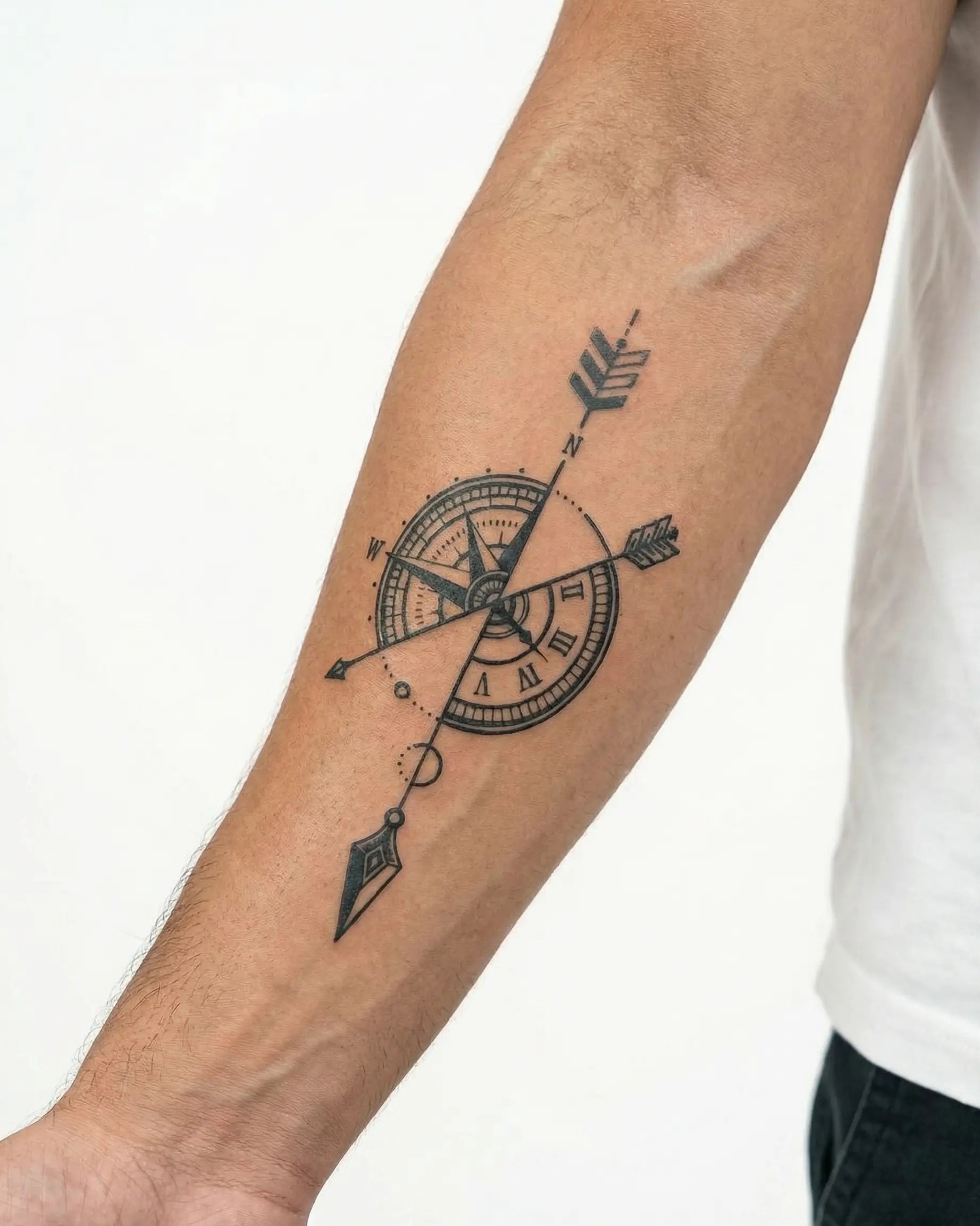Tatuaggio semi-permanente INKON Bussola e Freccia applicato su un uomo – design 4 x 7 in (10x17cm), aspetto realistico dell'inchiostro, dura 10 giorni