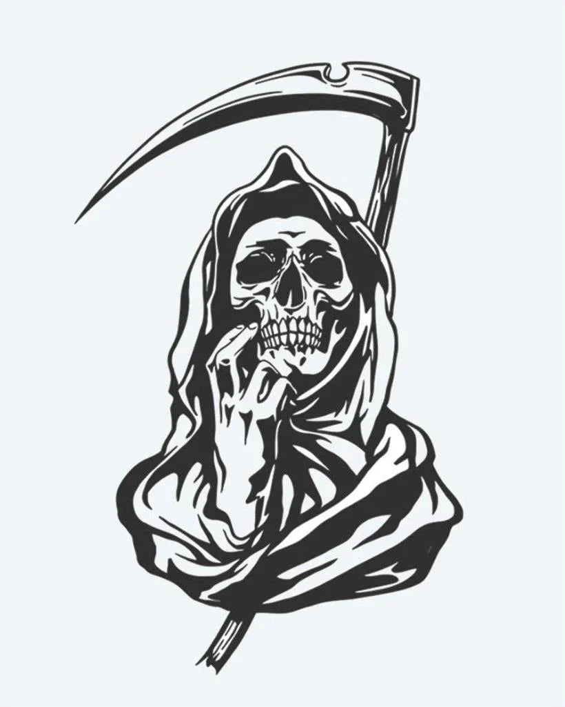 Design del tatuaggio semi-permanente Grim Reaper di INKON – illustrazione incappucciato, tristo, mietitore, falce, minaccioso, 3 x 4 in (7x10cm), disponibile su inkon.co
