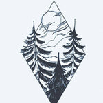Design del tatuaggio semi-permanente Forest Diamond di INKON – illustrazione scenografico, pini, alberi, piena, luna, 3 x 4 in (7x10cm), disponibile su inkon.co