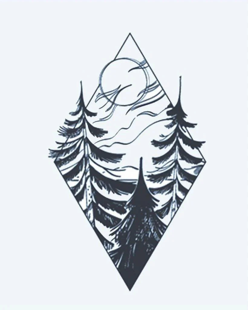 Design del tatuaggio semi-permanente Forest Diamond di INKON – illustrazione scenografico, pini, alberi, piena, luna, 3 x 4 in (7x10cm), disponibile su inkon.co