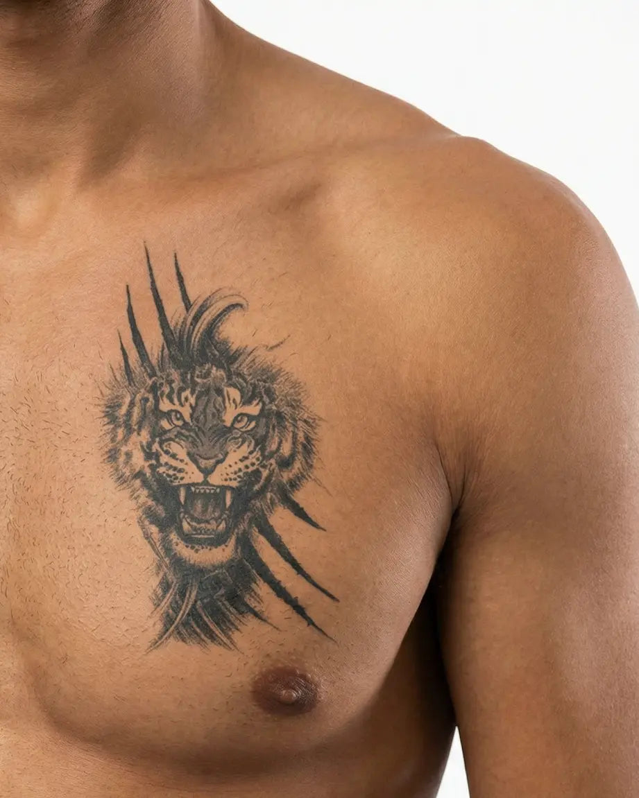Tatuaggio semi-permanente INKON Tigre Ruggente e Artigli applicato su un uomo – design 4 x 7 in (10x17cm), aspetto realistico dell'inchiostro, dura 10 giorni