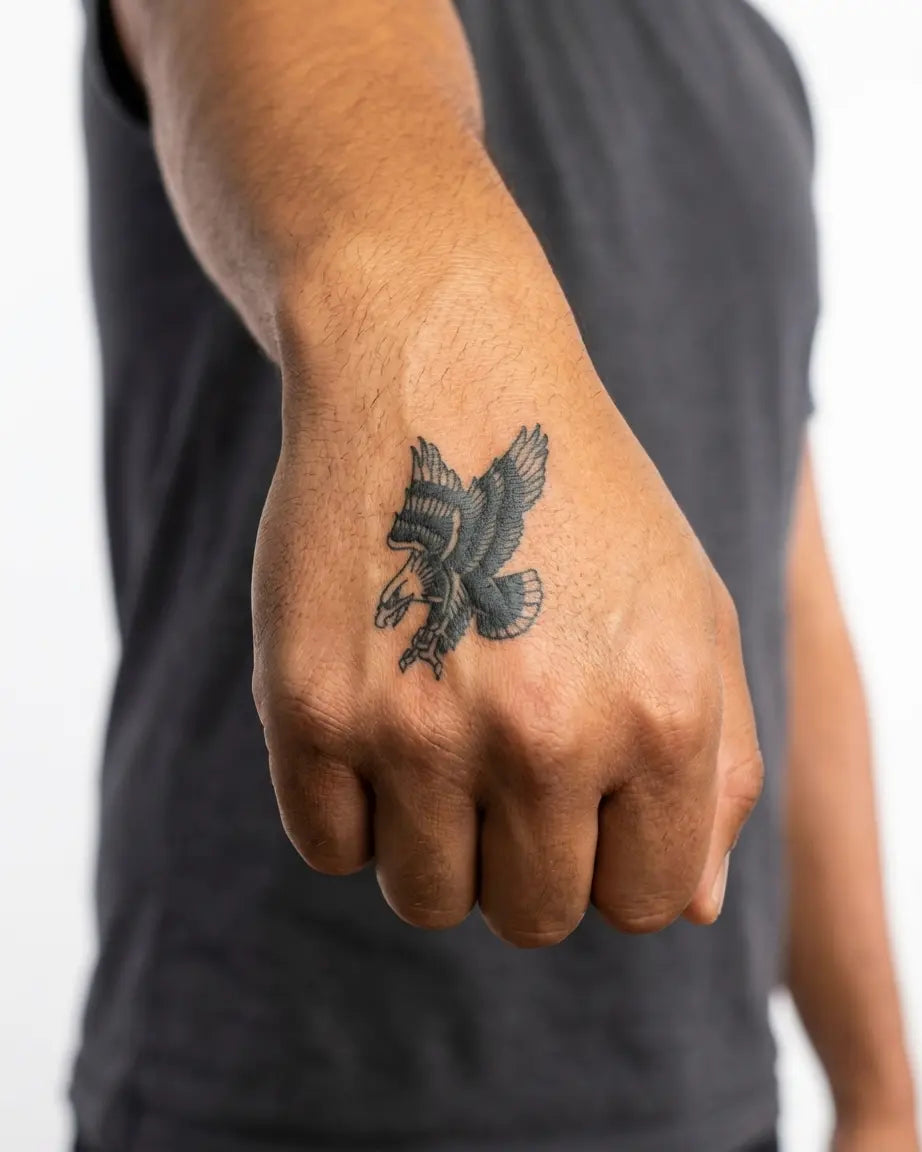 Tatuaggio semi-permanente INKON Swooping Eagle applicato su un uomo – design 2 x 2 in (5x5cm), aspetto realistico dell'inchiostro, dura 10 giorni