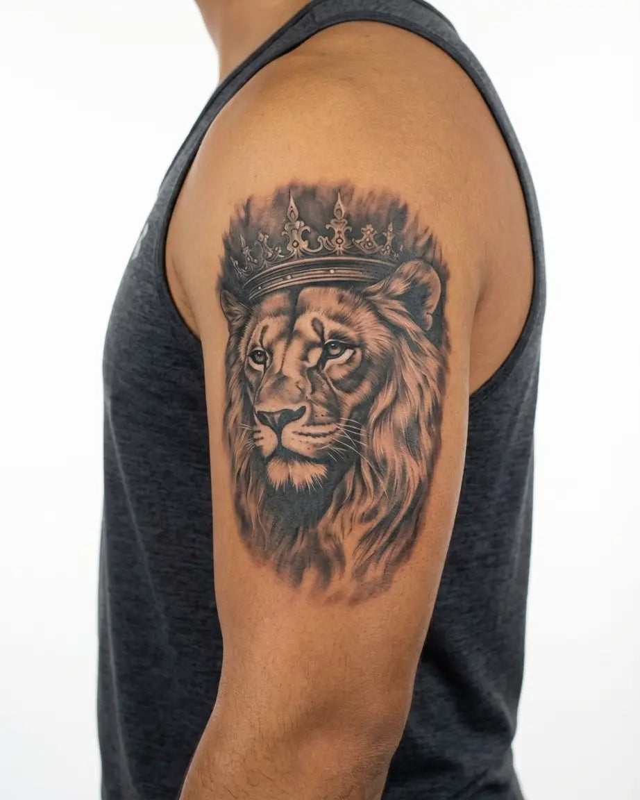 Tatuaggio semi-permanente INKON Crowned Lion 2 applicato su un uomo – design 4 x 8 in (11x21cm), aspetto realistico dell'inchiostro, dura 10 giorni