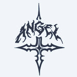 Design del tatuaggio semi-permanente Angel Gothic Cross di INKON – illustrazione di lettering gotico Angel sopra una croce appuntita, 2 x 2 in (5x5cm), disponibile su inkon.co