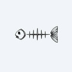 Design del tatuaggio semi-permanente Minimalist Fish Skeleton di INKON – illustrazione a puntinato di scheletro di pesce minimalista, 3 x 4 in (6x11cm), disponibile su inkon.co