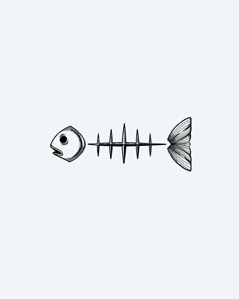 Design del tatuaggio semi-permanente Minimalist Fish Skeleton di INKON – illustrazione a puntinato di scheletro di pesce minimalista, 3 x 4 in (6x11cm), disponibile su inkon.co