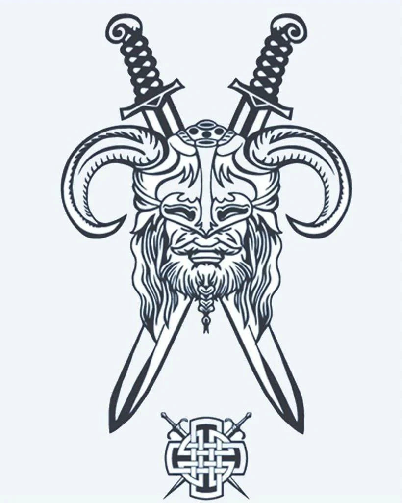 Design del tatuaggio semi-permanente Guerriero Vichingo e Spade di INKON – illustrazione cornuto, vichingo, guerriero, volto, lunga, 4 x 7 in (10x17cm), disponibile su inkon.co