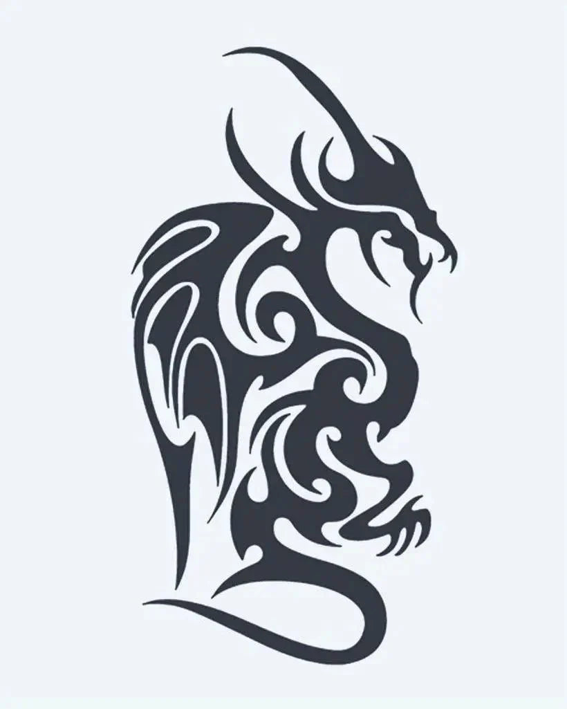 Design del tatuaggio semi-permanente Drago Alato di INKON – illustrazione maestoso, tribale, drago, ornato, ali, 4 x 7 in (10x17cm), disponibile su inkon.co