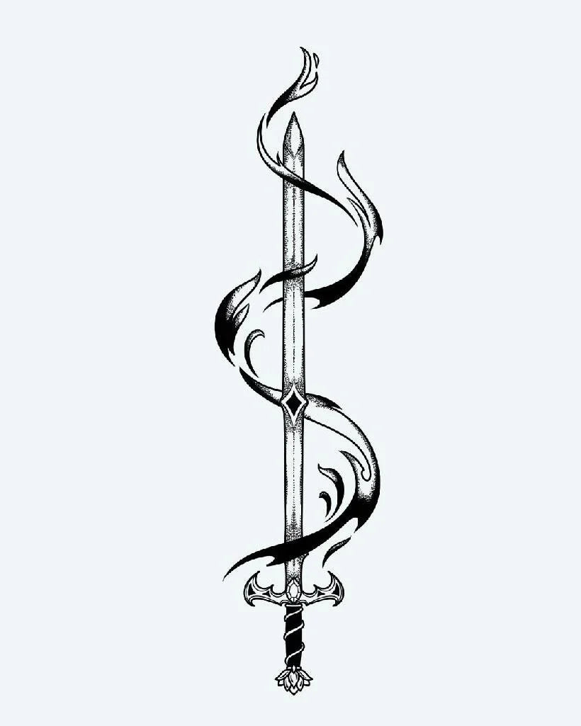 Design del tatuaggio semi-permanente Sword & Dark Flames di INKON – illustrazione blackwork di spada lunga avvolta in fiamme scure, 4 x 8 in (11x21cm), disponibile su inkon.co
