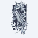 Design del tatuaggio semi-permanente Dragon Koi di INKON – illustrazione maestoso, drago, emerge, pesce, trasformazione, 2 x 2 in (5x5cm), disponibile su inkon.co