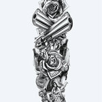 Design del tatuaggio semi-permanente Revolvers & Roses di INKON – illustrazione manica, intera, incrociati, revolver, rose, 8 x 20 in (20x50cm), disponibile su inkon.co