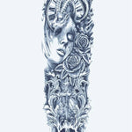 Design del tatuaggio semi-permanente Ram Woman & Gothic Cross di INKON – illustrazione dark, seducente, manica, intera, donna, 8 x 20 in (20x50cm), disponibile su inkon.co