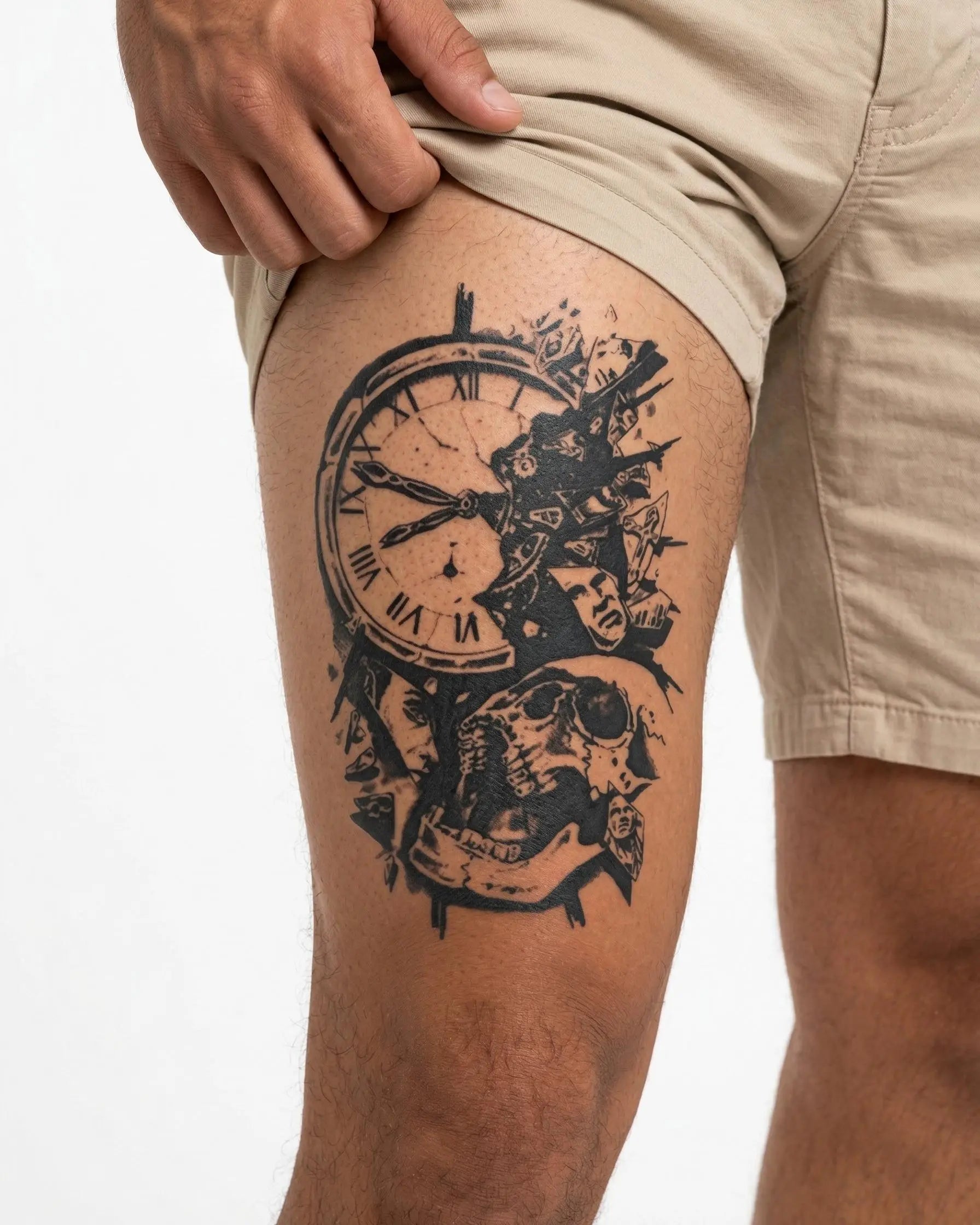 Tatuaggio semi-permanente INKON Orologio in Frantumi e Teschio applicato su un uomo – design 4 x 7 in (10x17cm), aspetto realistico dell'inchiostro, dura 10 giorni