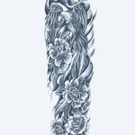 Design del tatuaggio semi-permanente Phoenix & Peonies di INKON – illustrazione aggraziato, manica, intera, fenice, volo, 8 x 20 in (20x50cm), disponibile su inkon.co