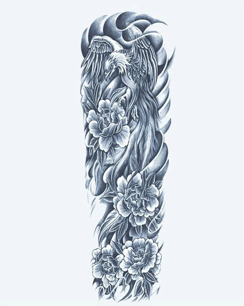 Design del tatuaggio semi-permanente Phoenix & Peonies di INKON – illustrazione aggraziato, manica, intera, fenice, volo, 8 x 20 in (20x50cm), disponibile su inkon.co