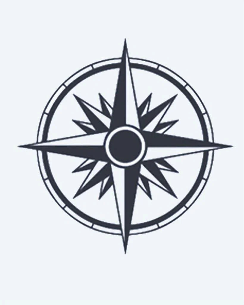 Design del tatuaggio semi-permanente Compass Rose di INKON – illustrazione nautica, rosa, venti, stella, motivo, 2 x 2 in (5x5cm), disponibile su inkon.co
