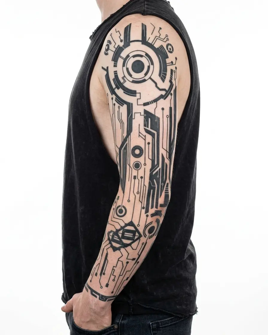 Tatuaggio semi-permanente INKON Cyberpunk Circuit applicato su un uomo – design 8 x 20 in (20x50cm), aspetto realistico dell'inchiostro, dura 10 giorni